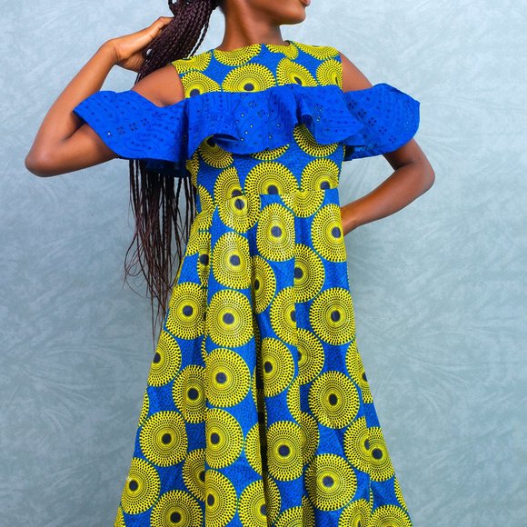 blue yellow fancy collar knee length dress african print ngounbang - Picture 3 of 5
